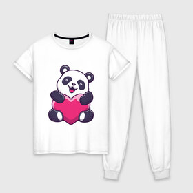 Женская пижама хлопок с принтом Панда love в Курске, 100% хлопок | брюки и футболка прямого кроя, без карманов, на брюках мягкая резинка на поясе и по низу штанин | love | влюблённая панда | панда | панда love | панда обнимает сердечко | панда с сердечком | панда с сердцем | панда сердечко | панда сердце | сердечко | сердце