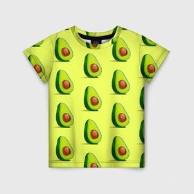 Детская футболка 3D с принтом Авокадо в Курске, 100% гипоаллергенный полиэфир | прямой крой, круглый вырез горловины, длина до линии бедер, чуть спущенное плечо, ткань немного тянется | авокадо | арт | в разрезе | вкусно | вкусный фрукт | желтый | зеленый | косточка | крупная косточка | разрез | рисунок | сладко | сочно | фрукт
