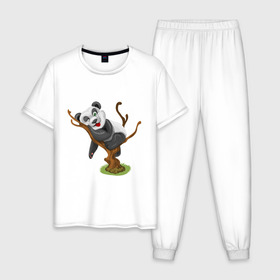 Мужская пижама хлопок с принтом Смешная панда в Курске, 100% хлопок | брюки и футболка прямого кроя, без карманов, на брюках мягкая резинка на поясе и по низу штанин
 | exclusive merch | дерево | детская | животные | звери | панда | смешная | спит | язык