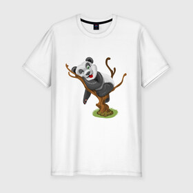Мужская футболка премиум с принтом Смешная панда в Курске, 92% хлопок, 8% лайкра | приталенный силуэт, круглый вырез ворота, длина до линии бедра, короткий рукав | exclusive merch | дерево | детская | животные | звери | панда | смешная | спит | язык
