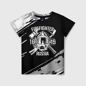 Детская футболка 3D с принтом FIREFIGHTER 1649 RUSSIA в Курске, 100% гипоаллергенный полиэфир | прямой крой, круглый вырез горловины, длина до линии бедер, чуть спущенное плечо, ткань немного тянется | 112 | 27 декабря | firefighter | багор | белая | герб | гкчс | знак | лого | логотип | маска | мчс | мчсник | пожарная охрана | пожарник | пожарный | пч | россии | рф | серая | символ | служба | состаренная