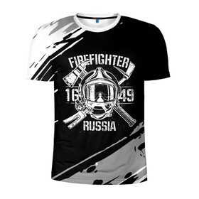 Мужская футболка 3D спортивная с принтом FIREFIGHTER 1649 RUSSIA в Курске, 100% полиэстер с улучшенными характеристиками | приталенный силуэт, круглая горловина, широкие плечи, сужается к линии бедра | 112 | 27 декабря | firefighter | багор | белая | герб | гкчс | знак | лого | логотип | маска | мчс | мчсник | пожарная охрана | пожарник | пожарный | пч | россии | рф | серая | символ | служба | состаренная