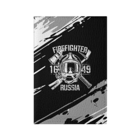 Обложка для паспорта матовая кожа с принтом FIREFIGHTER 1649 RUSSIA в Курске, натуральная матовая кожа | размер 19,3 х 13,7 см; прозрачные пластиковые крепления | Тематика изображения на принте: 112 | 27 декабря | firefighter | багор | белая | герб | гкчс | знак | лого | логотип | маска | мчс | мчсник | пожарная охрана | пожарник | пожарный | пч | россии | рф | серая | символ | служба | состаренная