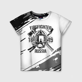 Детская футболка 3D с принтом FIREFIGHTER 1649 RUSSIA в Курске, 100% гипоаллергенный полиэфир | прямой крой, круглый вырез горловины, длина до линии бедер, чуть спущенное плечо, ткань немного тянется | 112 | 27 декабря | firefighter | багор | белая | герб | гкчс | знак | лого | логотип | маска | мчс | мчсник | пожарная охрана | пожарник | пожарный | пч | россии | рф | серая | символ | служба | состаренная