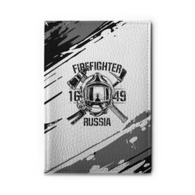 Обложка для автодокументов с принтом FIREFIGHTER 1649 RUSSIA в Курске, натуральная кожа |  размер 19,9*13 см; внутри 4 больших “конверта” для документов и один маленький отдел — туда идеально встанут права | Тематика изображения на принте: 112 | 27 декабря | firefighter | багор | белая | герб | гкчс | знак | лого | логотип | маска | мчс | мчсник | пожарная охрана | пожарник | пожарный | пч | россии | рф | серая | символ | служба | состаренная