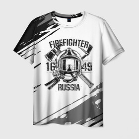 Мужская футболка 3D с принтом FIREFIGHTER 1649 RUSSIA в Курске, 100% полиэфир | прямой крой, круглый вырез горловины, длина до линии бедер | Тематика изображения на принте: 112 | 27 декабря | firefighter | багор | белая | герб | гкчс | знак | лого | логотип | маска | мчс | мчсник | пожарная охрана | пожарник | пожарный | пч | россии | рф | серая | символ | служба | состаренная