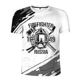 Мужская футболка 3D спортивная с принтом FIREFIGHTER 1649 RUSSIA в Курске, 100% полиэстер с улучшенными характеристиками | приталенный силуэт, круглая горловина, широкие плечи, сужается к линии бедра | Тематика изображения на принте: 112 | 27 декабря | firefighter | багор | белая | герб | гкчс | знак | лого | логотип | маска | мчс | мчсник | пожарная охрана | пожарник | пожарный | пч | россии | рф | серая | символ | служба | состаренная