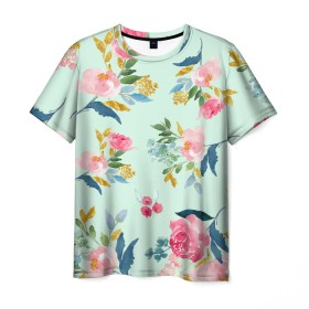 Мужская футболка 3D с принтом Цветы в Курске, 100% полиэфир | прямой крой, круглый вырез горловины, длина до линии бедер | 2020 | summer | желтый | зеленый | летний принт | лето | розовые цветы | розовый | цветочки | цветы