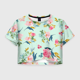 Женская футболка Crop-top 3D с принтом Цветы в Курске, 100% полиэстер | круглая горловина, длина футболки до линии талии, рукава с отворотами | 2020 | summer | желтый | зеленый | летний принт | лето | розовые цветы | розовый | цветочки | цветы