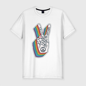 Мужская футболка хлопок Slim с принтом PEACE LOVE HOPE (Z) в Курске, 92% хлопок, 8% лайкра | приталенный силуэт, круглый вырез ворота, длина до линии бедра, короткий рукав | hope | love | peace | два пальца | жесть | знак | любить | любовь | мир | радуга | хипи | хиппи