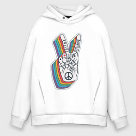 Мужское худи Oversize хлопок с принтом PEACE LOVE HOPE (Z) в Курске, френч-терри — 70% хлопок, 30% полиэстер. Мягкий теплый начес внутри —100% хлопок | боковые карманы, эластичные манжеты и нижняя кромка, капюшон на магнитной кнопке | Тематика изображения на принте: hope | love | peace | два пальца | жесть | знак | любить | любовь | мир | радуга | хипи | хиппи