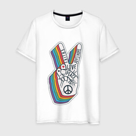 Мужская футболка хлопок с принтом PEACE LOVE HOPE (Z) в Курске, 100% хлопок | прямой крой, круглый вырез горловины, длина до линии бедер, слегка спущенное плечо. | hope | love | peace | два пальца | жесть | знак | любить | любовь | мир | радуга | хипи | хиппи