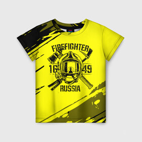 Детская футболка 3D с принтом FIREFIGHTER 1649 RUSSIA в Курске, 100% гипоаллергенный полиэфир | прямой крой, круглый вырез горловины, длина до линии бедер, чуть спущенное плечо, ткань немного тянется | 112 | firefighter | багор | герб | гкчс | желтая | знак | лого | логотип | мчс | мчсник | пожарная охрана | пожарник | пожарный | пч | россии | рф | серая | символ | служба | спасатель | спасения | топор | флаг