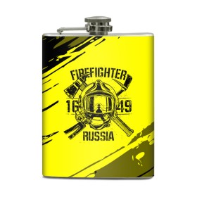 Фляга с принтом FIREFIGHTER 1649 RUSSIA в Курске, металлический корпус | емкость 0,22 л, размер 125 х 94 мм. Виниловая наклейка запечатывается полностью | 112 | firefighter | багор | герб | гкчс | желтая | знак | лого | логотип | мчс | мчсник | пожарная охрана | пожарник | пожарный | пч | россии | рф | серая | символ | служба | спасатель | спасения | топор | флаг