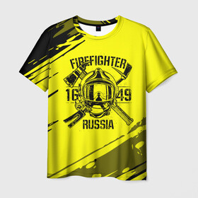 Мужская футболка 3D с принтом FIREFIGHTER 1649 RUSSIA в Курске, 100% полиэфир | прямой крой, круглый вырез горловины, длина до линии бедер | 112 | firefighter | багор | герб | гкчс | желтая | знак | лого | логотип | мчс | мчсник | пожарная охрана | пожарник | пожарный | пч | россии | рф | серая | символ | служба | спасатель | спасения | топор | флаг