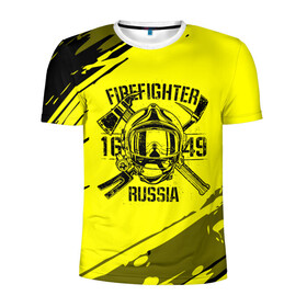 Мужская футболка 3D спортивная с принтом FIREFIGHTER 1649 RUSSIA в Курске, 100% полиэстер с улучшенными характеристиками | приталенный силуэт, круглая горловина, широкие плечи, сужается к линии бедра | Тематика изображения на принте: 112 | firefighter | багор | герб | гкчс | желтая | знак | лого | логотип | мчс | мчсник | пожарная охрана | пожарник | пожарный | пч | россии | рф | серая | символ | служба | спасатель | спасения | топор | флаг