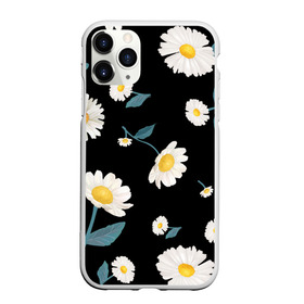 Чехол для iPhone 11 Pro матовый с принтом Ромашки в Курске, Силикон |  | Тематика изображения на принте: белый | для девушек | желтый | летний принт | листочки цветов | ромашка | ромашки | цветочки | цветы | черный фон