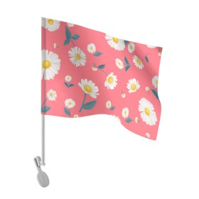 Флаг для автомобиля с принтом Ромашки в Курске, 100% полиэстер | Размер: 30*21 см | белый | для девушек | желтый | летний принт | листочки цветов | розовый фон | ромашка | ромашки | цветочки | цветы