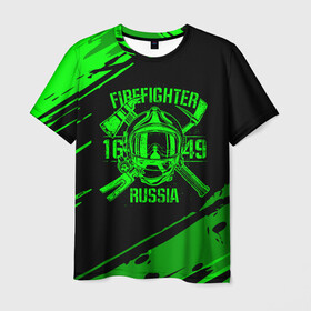 Мужская футболка 3D с принтом FIREFIGHTER 1649 RUSSIA в Курске, 100% полиэфир | прямой крой, круглый вырез горловины, длина до линии бедер | 112 | firefighter | багор | герб | гкчс | зеленая | знак | лого | логотип | мчс | мчсник | пожарная охрана | пожарник | пожарный | пч | россии | рф | серая | символ | служба | спасатель | спасения | топор | флаг