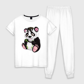 Женская пижама хлопок с принтом Панденыш Panda в Курске, 100% хлопок | брюки и футболка прямого кроя, без карманов, на брюках мягкая резинка на поясе и по низу штанин | animal | animals | bear | bears | line | panda | pands | sky | беар | бир | детская | детское | животные | медведь | медвежонок | облака | облачки | панда | подарок | самолёт | самолетик