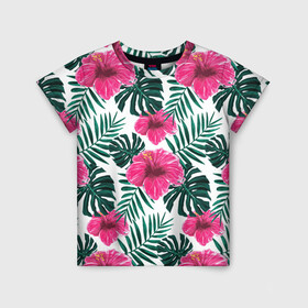 Детская футболка 3D с принтом Гавайский гибискус в Курске, 100% гипоаллергенный полиэфир | прямой крой, круглый вырез горловины, длина до линии бедер, чуть спущенное плечо, ткань немного тянется | flower | hawaii | hibiscus | palms | summer | sun | ботаника | гаваи | гавайи | гавайка | гавайская | гибискус | красочная | летняя | лето | листья | отдых | отпуск | пальма | пальмы | пляж | растения | символ