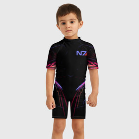 Детский купальный костюм 3D с принтом N7 | Neon Style в Курске, Полиэстер 85%, Спандекс 15% | застежка на молнии на спине | bioware | n7 | shepard | бронька | броня | жнецы | защита | костюм | масс эффект | н7 | неон | полосы | стальная броня | форма | шепард