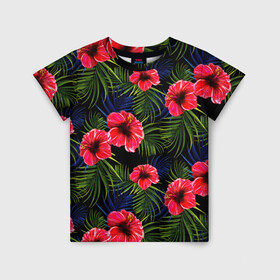 Детская футболка 3D с принтом Тропические цветы и листья в Курске, 100% гипоаллергенный полиэфир | прямой крой, круглый вырез горловины, длина до линии бедер, чуть спущенное плечо, ткань немного тянется | Тематика изображения на принте: flower | flowers | palms | summer | sun | tropical | ботаника | гавайи hawaii | гавайка | гавайская | красочная | летняя | лето | листья | отдых | отпуск | пальма | пальмы | пляж | растения | символ | тропики | тропические