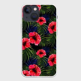 Чехол для iPhone 13 mini с принтом Тропические цветы и листья в Курске,  |  | flower | flowers | palms | summer | sun | tropical | ботаника | гавайи hawaii | гавайка | гавайская | красочная | летняя | лето | листья | отдых | отпуск | пальма | пальмы | пляж | растения | символ | тропики | тропические