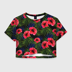 Женская футболка Crop-top 3D с принтом Тропические цветы и листья в Курске, 100% полиэстер | круглая горловина, длина футболки до линии талии, рукава с отворотами | flower | flowers | palms | summer | sun | tropical | ботаника | гавайи hawaii | гавайка | гавайская | красочная | летняя | лето | листья | отдых | отпуск | пальма | пальмы | пляж | растения | символ | тропики | тропические