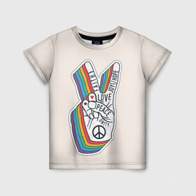 Детская футболка 3D с принтом PEACE and LOVE (Z) в Курске, 100% гипоаллергенный полиэфир | прямой крой, круглый вырез горловины, длина до линии бедер, чуть спущенное плечо, ткань немного тянется | hope | love | peace | два пальца | жесть | знак | любить | любовь | мир | радуга | хипи | хиппи