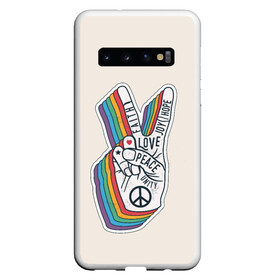 Чехол для Samsung Galaxy S10 с принтом PEACE and LOVE (Z) в Курске, Силикон | Область печати: задняя сторона чехла, без боковых панелей | hope | love | peace | два пальца | жесть | знак | любить | любовь | мир | радуга | хипи | хиппи