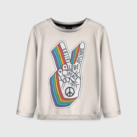 Детский лонгслив 3D с принтом PEACE and LOVE (Z) в Курске, 100% полиэстер | длинные рукава, круглый вырез горловины, полуприлегающий силуэт
 | hope | love | peace | два пальца | жесть | знак | любить | любовь | мир | радуга | хипи | хиппи