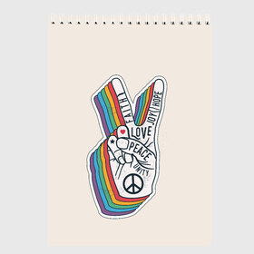 Скетчбук с принтом PEACE and LOVE (Z) в Курске, 100% бумага
 | 48 листов, плотность листов — 100 г/м2, плотность картонной обложки — 250 г/м2. Листы скреплены сверху удобной пружинной спиралью | hope | love | peace | два пальца | жесть | знак | любить | любовь | мир | радуга | хипи | хиппи