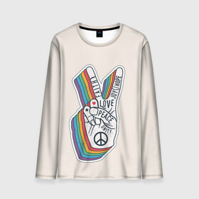 Мужской лонгслив 3D с принтом PEACE and LOVE (Z) в Курске, 100% полиэстер | длинные рукава, круглый вырез горловины, полуприлегающий силуэт | hope | love | peace | два пальца | жесть | знак | любить | любовь | мир | радуга | хипи | хиппи