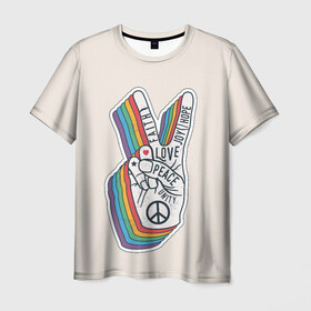 Мужская футболка 3D с принтом PEACE and LOVE (Z) в Курске, 100% полиэфир | прямой крой, круглый вырез горловины, длина до линии бедер | hope | love | peace | два пальца | жесть | знак | любить | любовь | мир | радуга | хипи | хиппи