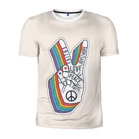 Мужская футболка 3D спортивная с принтом PEACE and LOVE (Z) в Курске, 100% полиэстер с улучшенными характеристиками | приталенный силуэт, круглая горловина, широкие плечи, сужается к линии бедра | Тематика изображения на принте: hope | love | peace | два пальца | жесть | знак | любить | любовь | мир | радуга | хипи | хиппи