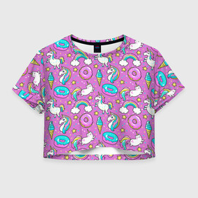 Женская футболка Crop-top 3D с принтом Pink unicorn в Курске, 100% полиэстер | круглая горловина, длина футболки до линии талии, рукава с отворотами | cat | donuts | pink | unicorn | единорог | котики | пончики | розовый