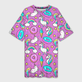 Платье-футболка 3D с принтом Pink unicorn в Курске,  |  | cat | donuts | pink | unicorn | единорог | котики | пончики | розовый