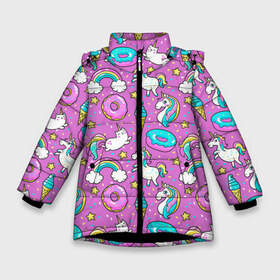 Зимняя куртка для девочек 3D с принтом Pink unicorn в Курске, ткань верха — 100% полиэстер; подклад — 100% полиэстер, утеплитель — 100% полиэстер. | длина ниже бедра, удлиненная спинка, воротник стойка и отстегивающийся капюшон. Есть боковые карманы с листочкой на кнопках, утяжки по низу изделия и внутренний карман на молнии. 

Предусмотрены светоотражающий принт на спинке, радужный светоотражающий элемент на пуллере молнии и на резинке для утяжки. | cat | donuts | pink | unicorn | единорог | котики | пончики | розовый