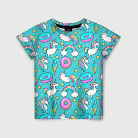 Детская футболка 3D с принтом Turquoise unicorn в Курске, 100% гипоаллергенный полиэфир | прямой крой, круглый вырез горловины, длина до линии бедер, чуть спущенное плечо, ткань немного тянется | cat | donuts | turquoise | unicorn | бирюзовый | единорог | котики | пончики