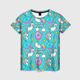 Женская футболка 3D с принтом Turquoise unicorn в Курске, 100% полиэфир ( синтетическое хлопкоподобное полотно) | прямой крой, круглый вырез горловины, длина до линии бедер | cat | donuts | turquoise | unicorn | бирюзовый | единорог | котики | пончики