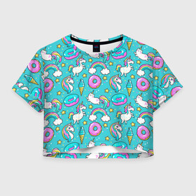 Женская футболка Crop-top 3D с принтом Turquoise unicorn в Курске, 100% полиэстер | круглая горловина, длина футболки до линии талии, рукава с отворотами | cat | donuts | turquoise | unicorn | бирюзовый | единорог | котики | пончики