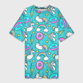 Платье-футболка 3D с принтом Turquoise unicorn в Курске,  |  | cat | donuts | turquoise | unicorn | бирюзовый | единорог | котики | пончики