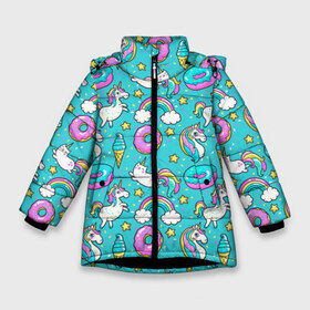 Зимняя куртка для девочек 3D с принтом Turquoise unicorn в Курске, ткань верха — 100% полиэстер; подклад — 100% полиэстер, утеплитель — 100% полиэстер. | длина ниже бедра, удлиненная спинка, воротник стойка и отстегивающийся капюшон. Есть боковые карманы с листочкой на кнопках, утяжки по низу изделия и внутренний карман на молнии. 

Предусмотрены светоотражающий принт на спинке, радужный светоотражающий элемент на пуллере молнии и на резинке для утяжки. | cat | donuts | turquoise | unicorn | бирюзовый | единорог | котики | пончики