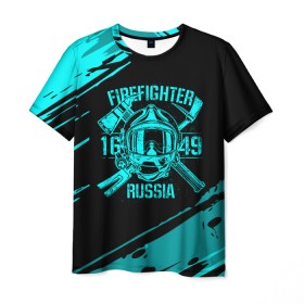 Мужская футболка 3D с принтом FIREFIGHTER 1649 RUSSIA в Курске, 100% полиэфир | прямой крой, круглый вырез горловины, длина до линии бедер | 112 | firefighter | багор | бирюзовая | герб | гкчс | голубая | знак | лого | логотип | мчс | мчсник | пожарная охрана | пожарник | пожарный | пч | россии | рф | серая | символ | синяя | служба | спасатель