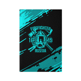 Обложка для паспорта матовая кожа с принтом FIREFIGHTER 1649 RUSSIA в Курске, натуральная матовая кожа | размер 19,3 х 13,7 см; прозрачные пластиковые крепления | 112 | firefighter | багор | бирюзовая | герб | гкчс | голубая | знак | лого | логотип | мчс | мчсник | пожарная охрана | пожарник | пожарный | пч | россии | рф | серая | символ | синяя | служба | спасатель