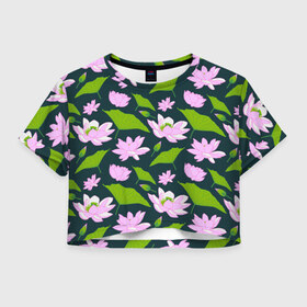 Женская футболка Crop-top 3D с принтом Лотос_синий в Курске, 100% полиэстер | круглая горловина, длина футболки до линии талии, рукава с отворотами | Тематика изображения на принте: лотос | цветочный орнамент | цветочный рисунок | цветы