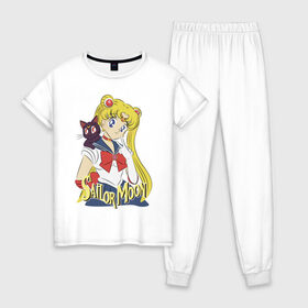 Женская пижама хлопок с принтом Sailor Moon & Luna в Курске, 100% хлопок | брюки и футболка прямого кроя, без карманов, на брюках мягкая резинка на поясе и по низу штанин | cat | girl | kitty | luna | moon | sailor moon | sailormoon | девочка | кот | котик | котэ | кошка | луна | мультяшка | сейлормун | сэйлор мун