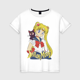 Женская футболка хлопок с принтом Sailor Moon & Luna в Курске, 100% хлопок | прямой крой, круглый вырез горловины, длина до линии бедер, слегка спущенное плечо | Тематика изображения на принте: cat | girl | kitty | luna | moon | sailor moon | sailormoon | девочка | кот | котик | котэ | кошка | луна | мультяшка | сейлормун | сэйлор мун
