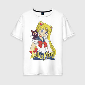 Женская футболка хлопок Oversize с принтом Sailor Moon & Luna в Курске, 100% хлопок | свободный крой, круглый ворот, спущенный рукав, длина до линии бедер
 | cat | girl | kitty | luna | moon | sailor moon | sailormoon | девочка | кот | котик | котэ | кошка | луна | мультяшка | сейлормун | сэйлор мун